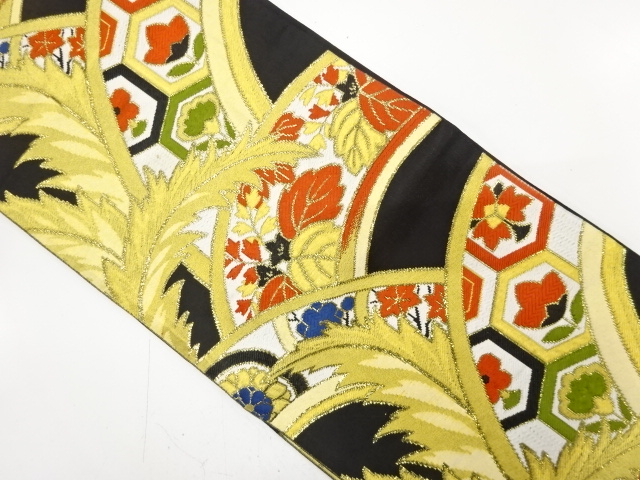 JAPANESE KIMONO / ANTIQUE FUKURO OBI / WOVEN FLORAL PLANTS